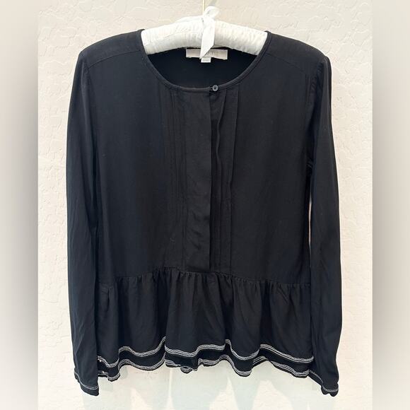 LOFT | Black Long Sleeve Peasant Top Boho Blouse Ruffle Hem Minimalist | XS - Picture 1 of 8